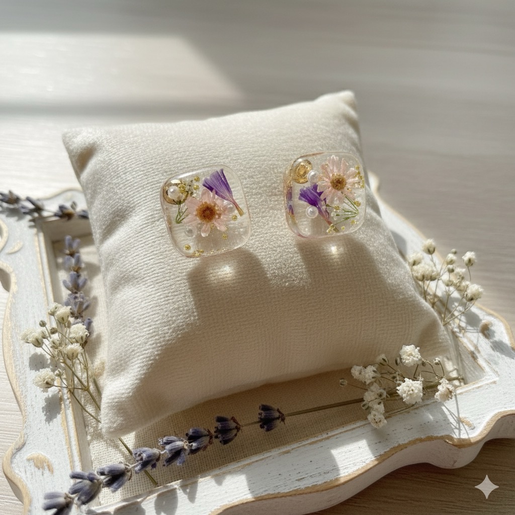 Floral Resin Earrings - Purple Pink And White 8$